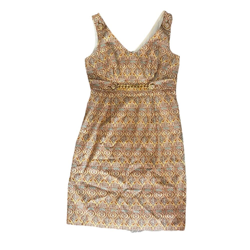 Etcetera Paisley Print V-Neck Sheath Dress - Size 8 - Gold Chain Detail